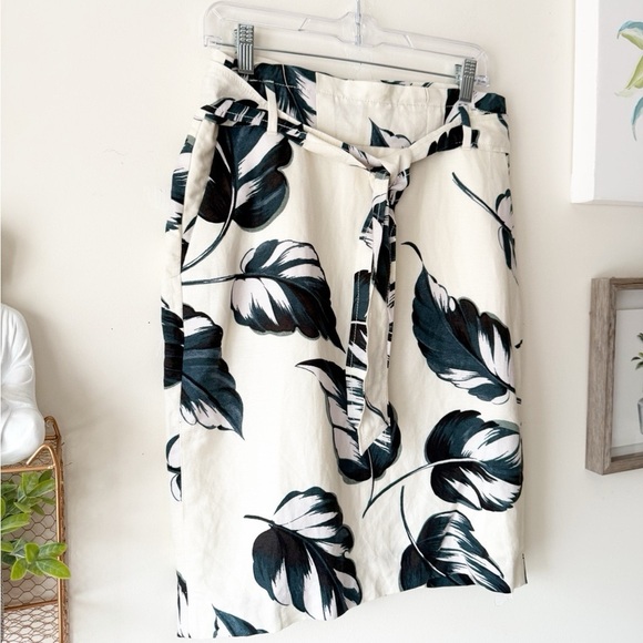 Ann Taylor Ivory Teal Leaves Linen Blend Tie Waist Pencil Skirt Size 8 Petite - Picture 6 of 15